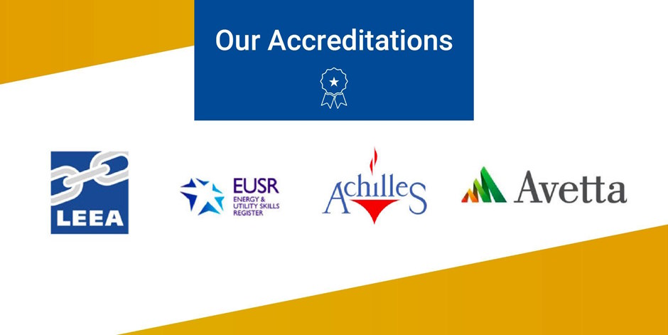 Image titled 'Our Accreditations' featuring logos of LEEA, EUSR, Achilles, and Avetta. Blue and orange design conveys professionalism.