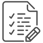 Icon of a checklist on a piece of paper with a pencil beside it, depicted in grayscale.
