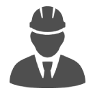 Icon of a person wearing a hard hat and tie on a black background.